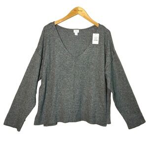 New AUDEN Women Plus 1X Grey Super Soft Cotton Blend Boxy Vneck Cozy Sweater